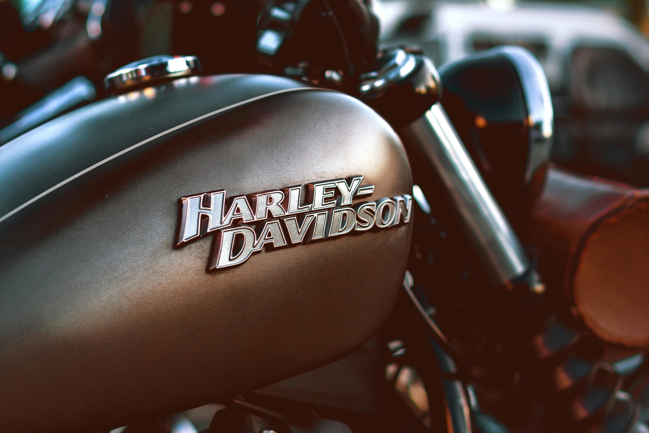 Detailed close-up of a Harley Davidson motorcycle fuel tank highlighting design and metallic finish.